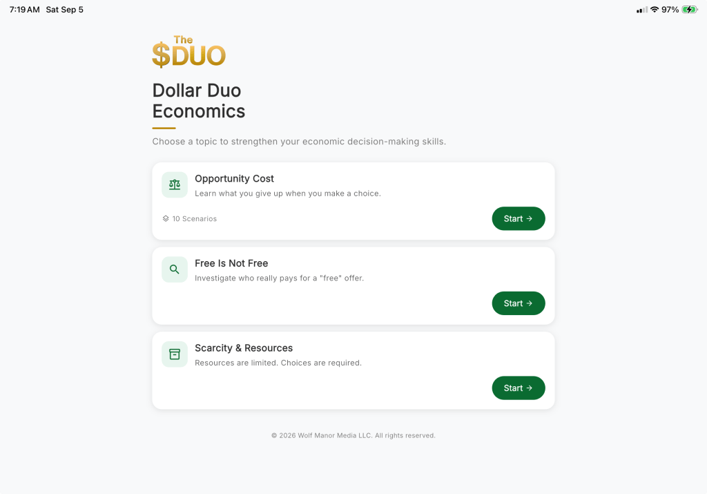 Dollar Duo Economics topic-selection screen on iPad, listing Opportunity Cost, Free Is Not Free, and Scarcity & Resources.