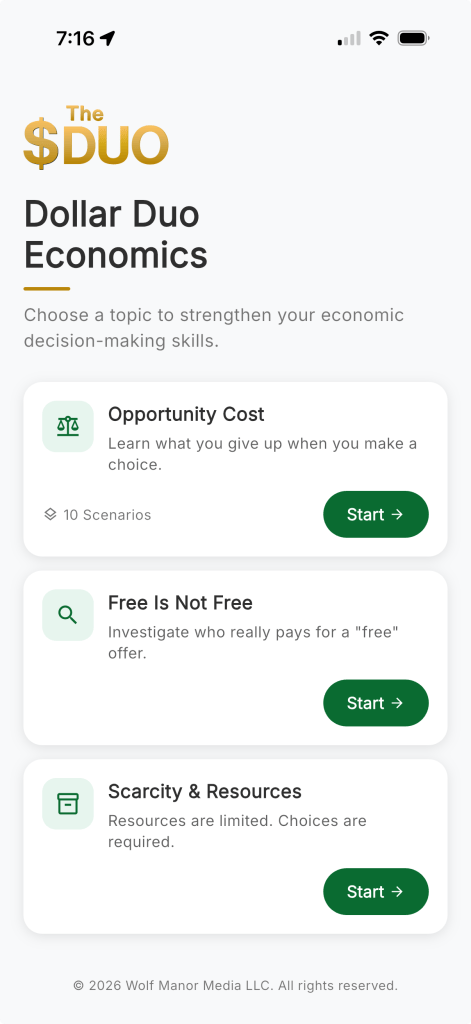 Dollar Duo Economics topic-selection screen on iPhone.
