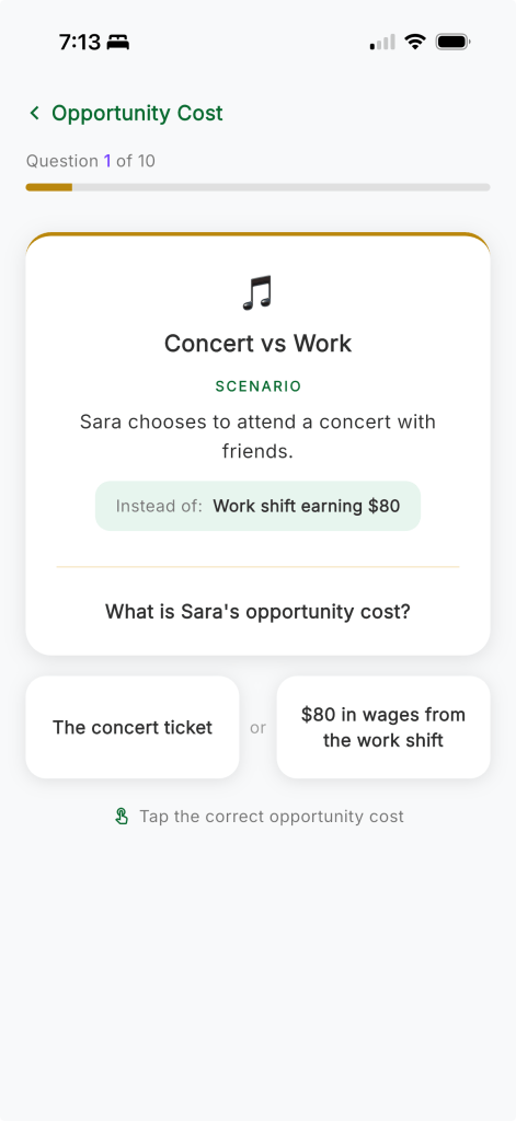 An Opportunity Cost scenario in Dollar Duo asking the student to identify the next-best alternative forgone.