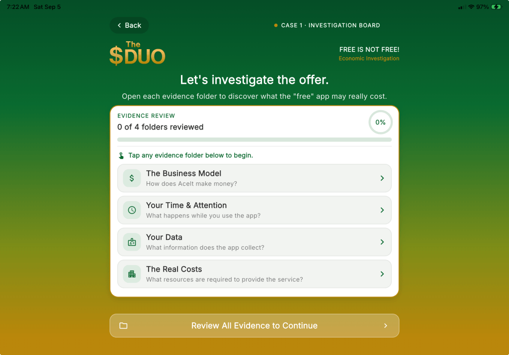 The Free Is Not Free investigation board on iPad, with evidence folders about a "free" app's business model.
